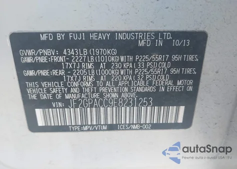 2014 Subaru Xv Crosstrek 2.0I Premium z USA, uszkodzony, nr VIN JF2GPACC9E8231253